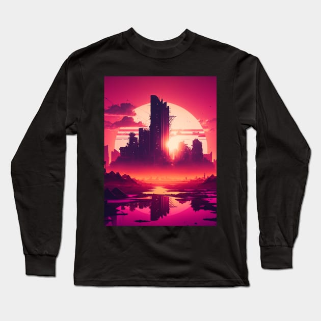 Retrowave Aesthethic Synthwave Sun City Long Sleeve T-Shirt by Nightarcade
